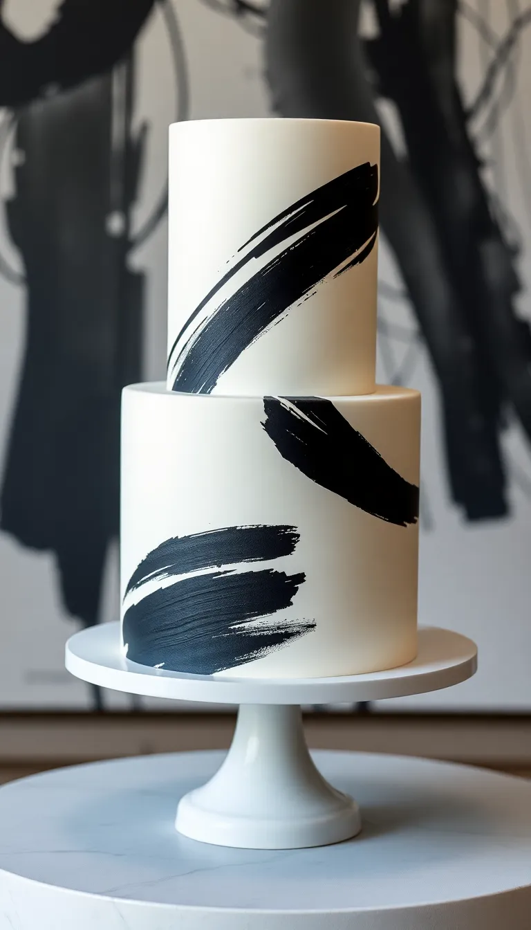 22 Elegant Black and White Wedding Cakes You Can't Afford to Miss! - 7. Artistic Brushstrokes