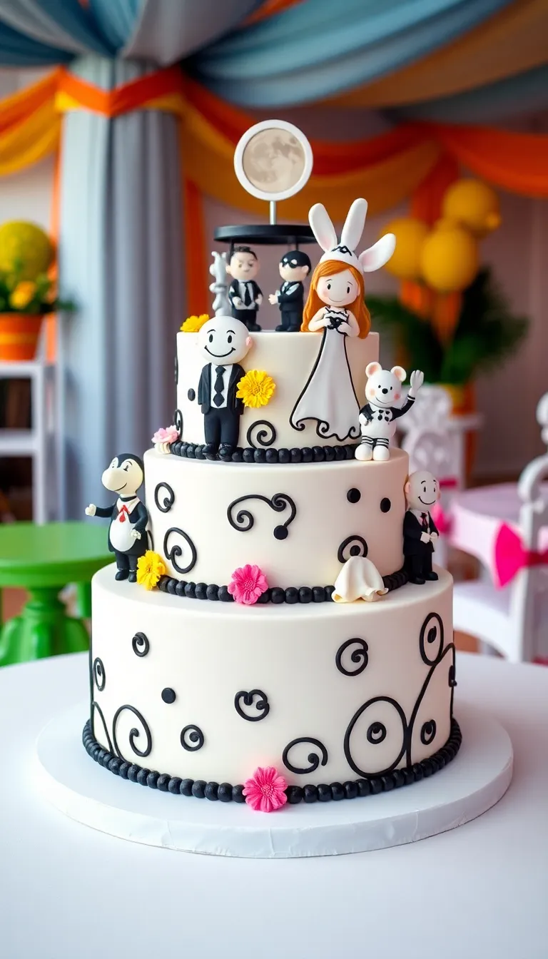 22 Elegant Black and White Wedding Cakes You Can't Afford to Miss! - 12. Whimsical Characters