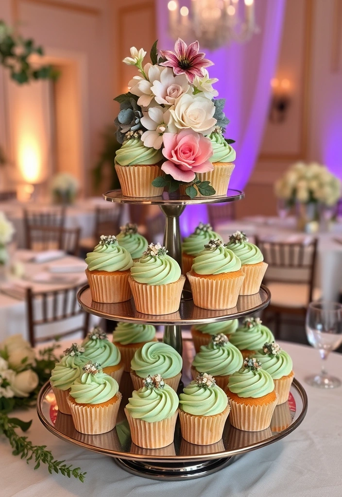 21 Stunning Sage Green Wedding Cakes That Will Steal the Show! - 11. Tiered Cupcake Display